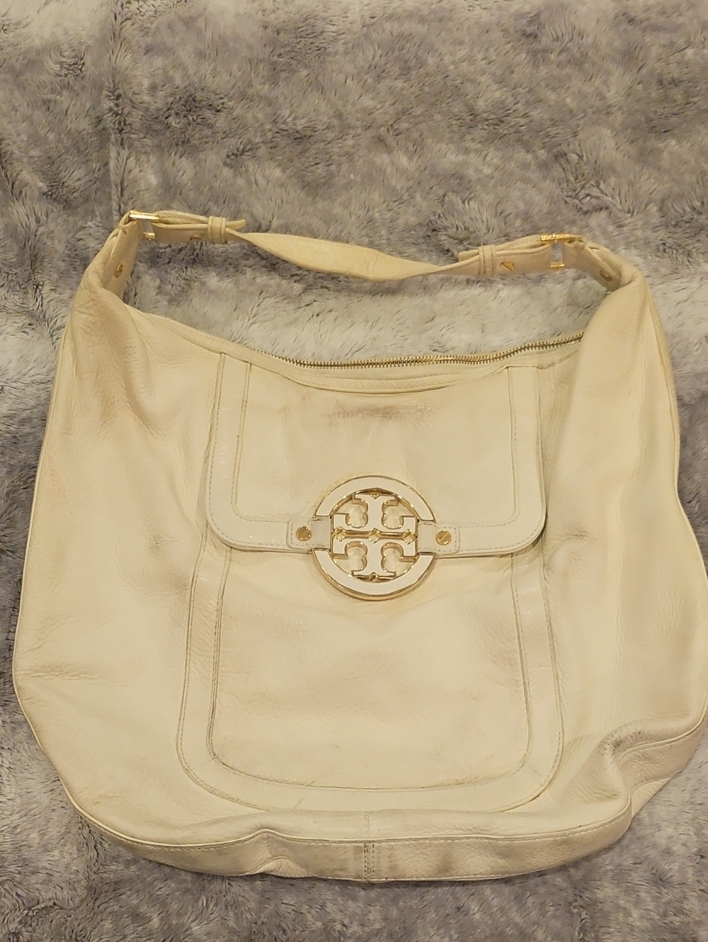 Tory Burch Cream Leather Shoulder Hobo with Gold Logo